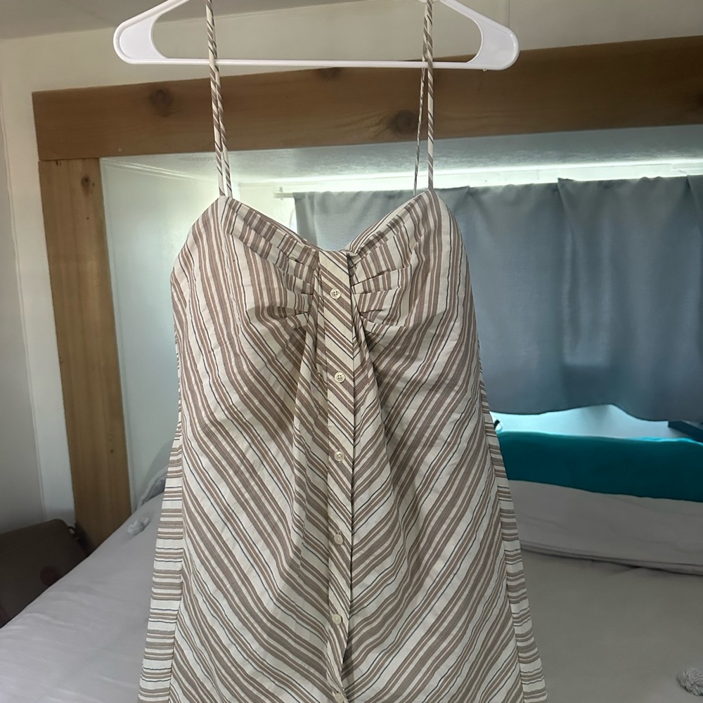 SIMKHAI Striped Button-Front Spaghetti Strap Dress NWT in Cream & Taupe Size 8